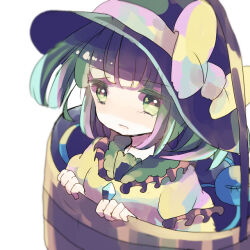 Rule 34 | 1girl, black hat, blouse, bow, bucket, buttons, diamond button, eyeball, frilled shirt collar, frilled sleeves, frills, green hair, hat, hat bow, hat ribbon, heart, heart of string, hiyuu (hiyualice), in bucket, in container, komeiji koishi, ribbon, shirt, solo, third eye, touhou, wide sleeves, wooden bucket, yellow bow, yellow ribbon, yellow shirt