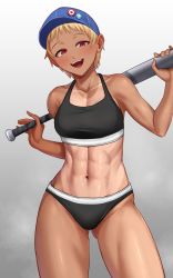 Rule 34 | 1girl, :d, abs, absurdres, bare shoulders, baseball bat, baseball cap, bikini, black bikini, blonde hair, blue hat, blush, breasts, collarbone, commentary request, commission, cowboy shot, gluteal fold, groin, hat, highres, holding, holding baseball bat, looking at viewer, midriff, navel, one-piece tan, open mouth, original, paid reward available, red eyes, short hair, sidelocks, simple background, skeb commission, small breasts, smile, solo, sports bikini, standing, swimsuit, tan, tanline, taut clothes, teeth, toin (iitoin), tomboy, upper teeth only, white background