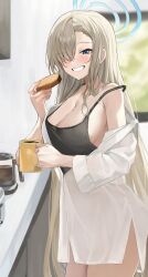 Rule 34 | 1girl, absurdly long hair, absurdres, asuna (blue archive), asymmetrical bangs, black camisole, blue archive, blue eyes, blurry, blurry background, blush, breasts, camisole, cleavage, coffee mug, cup, food, grin, hair over one eye, halo, highres, holding, holding cup, holding food, indoors, large breasts, light brown hair, long bangs, long hair, looking at viewer, mole, mole on breast, mug, oversized clothes, oversized shirt, rosu 1109, shirt, sideboob, smile, solo, straight hair, strap slip, very long hair, white shirt