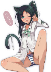 Rule 34 | 1girl, animal ears, blush, cat ears, cat tail, choker, colored eyelashes, fang, francesca lucchini, highres, long hair, oi ke, one eye closed, open mouth, panties, ribbon, sketch, solo, strike witches, striped clothes, striped panties, tail, twintails, underwear, world witches series