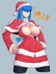 Rule 34 | 1girl, ^^^, blue eyes, blue hair, blush, breasts, bursting breasts, capelet, christmas, cleavage, cowboy shot, cropped legs, hat, highres, impossible clothes, large breasts, long hair, looking down, matching hair/eyes, multicolored hair, no bra, original, pantyhose, ponytail, popped button, santa costume, santa hat, solo, spacezin, surprised, sweater, tsurime, wardrobe malfunction, zoe (spacezin)