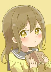 Rule 34 | 1girl, absurdres, artist name, artist request, blush, book, bow, bowtie, breasts, brown eyes, brown hair, buttons, cardigan, close-up, collarbone, eyebrows, female focus, grey sailor collar, hair between eyes, highres, holding, holding book, kunikida hanamaru, light brown hair, long hair, long sleeves, looking at viewer, love live!, love live! sunshine!!, nail, nail polish, orange bow, parted lips, pink nails, sailor collar, school uniform, skirt, sleeves past wrists, small breasts, smile, solo, sweater, upper body, uranohoshi school uniform, vest, yellow background, yellow cardigan, yellow eyes, yellow sweater