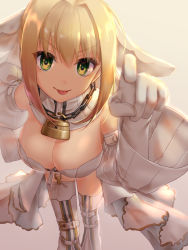 Rule 34 | 1girl, alle gro, bare shoulders, blonde hair, blush, breasts, bridal veil, chain, closed mouth, elbow gloves, fate/extra, fate/extra ccc, fate/grand order, fate (series), gloves, green eyes, hair between eyes, hair intakes, large breasts, leaning forward, leotard, lock, long hair, looking at viewer, nero claudius (bride) (fate), nero claudius (bride) (second ascension) (fate), nero claudius (fate), nero claudius (fate) (all), padlock, pointing, smile, solo, tongue, tongue out, veil, white gloves, white leotard, white sleeves, zipper