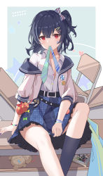 Rule 34 | 1girl, belt, black belt, black hair, black socks, blue necktie, blue skirt, blush, bow, chair, collared shirt, desk, feet out of frame, green necktie, hair between eyes, hair bow, hair ornament, hairclip, highres, idolmaster, idolmaster shiny colors, jacket, kneehighs, long hair, long sleeves, looking at viewer, morino rinze, mouth hold, necktie, necktie in mouth, unworn necktie, off shoulder, on desk, one side up, plaid, plaid skirt, red eyes, school chair, school desk, serika, shirt, simple background, single kneehigh, single sock, sitting, skirt, skirt tug, smile, socks, solo, striped, striped bow, stuffed toy, white jacket, white shirt, wristband