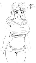 Rule 34 | blush, breasts, english text, highres, lineart, looking down, miniskirt, nami (one piece), notice lines, one piece, sad, shirt, skirt, skulloven, tight clothes, tight shirt, tight skirt, wardrobe malfunction, white background