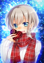 Rule 34 | 1girl, :d, aoba moca, aqua eyes, bang dream!, blue background, blurry, blush, bokeh, box, breath, depth of field, gift, grey hair, heart-shaped box, highres, holding, holding gift, long sleeves, looking at viewer, open mouth, plaid, plaid scarf, red scarf, ribbed sweater, scarf, short hair, sleeves past wrists, smile, snowing, solo, sweater, tsurugi hikaru, upper body, valentine, white sweater