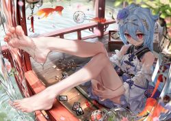 Rule 34 | 1girl, aqua nails, asymmetrical legwear, bare legs, barefoot, blue dress, blue hair, blush, closed mouth, commentary, commission, detached sleeves, double bun, dress, english commentary, eyelashes, feet, feet up, fish, flower, flying fish, foot focus, foreshortening, full body, gold trim, goldfish, hair between eyes, hair bun, hair flower, hair ornament, highres, hugging own legs, knee up, knees together feet apart, leg up, legs, long hair, long sleeves, looking at viewer, mixed-language commentary, nail polish, original, oriti4, outdoors, own hands together, qiya (kia 098), red eyes, second-party source, sitting, sleeveless, sleeveless dress, soles, solo, toenail polish, toenails, toes, very long hair, water, wet, wide sleeves