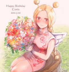 Rule 34 | 1girl, blonde hair, blush, bouquet, character name, commentary request, conis (one piece), dated, dress, flower, grass, happy birthday, holding, holding bouquet, holding flower, looking at viewer, one piece, pink dress, shina (ooo417ooo), smile, solo, turtleneck, turtleneck dress, twintails, wings