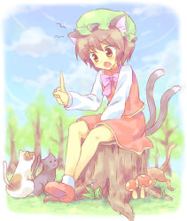 Rule 34 | 1girl, animal ears, cat, cat ears, cat tail, chen, china dress, chinese clothes, dress, earrings, female focus, full body, hat, jewelry, kuguri oimo, multiple tails, nature, outdoors, plant, ribbon, sitting, sky, solo, tail, touhou, tree stump