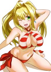 Rule 34 | 1girl, ;d, ahoge, armpits, bikini, blonde hair, breasts, cleavage, criss-cross halter, earrings, fate/grand order, fate (series), green eyes, hair intakes, halterneck, highres, jewelry, large breasts, long hair, looking at viewer, navel, nero claudius (fate), nero claudius (fate) (all), nero claudius (swimsuit caster) (fate), one eye closed, open mouth, side-tie bikini bottom, smile, solo, stomach, striped bikini, striped clothes, swimsuit, twintails, urayama (backmountain)