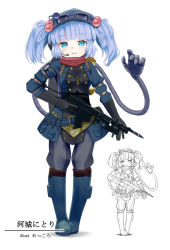 Rule 34 | 1girl, alternate costume, artist name, bayonet, blue eyes, blue footwear, blue hair, boots, character name, full body, hair bobbles, hair ornament, highres, holding, holding weapon, ishikkoro, kawashiro nitori, looking at viewer, microphone, red scarf, scarf, simple background, smile, solo, standing, touhou, two side up, weapon, white background