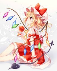 Rule 34 | 1girl, apple, ascot, blonde hair, bow, closed mouth, crystal, expressionless, feet out of frame, flandre scarlet, food, frills, from side, fruit, grey background, hand up, hat, hat bow, holding, holding food, holding fruit, laevatein, looking away, medium hair, mimi (mimi puru), mob cap, nail polish, petticoat, pointy ears, profile, puffy short sleeves, puffy sleeves, red bow, red eyes, red nails, red skirt, red vest, short sleeves, sitting, skirt, skirt set, solo, touhou, vest, water drop, wings, wrist cuffs, yellow ascot