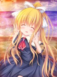 Rule 34 | 1girl, ^ ^, air (visual novel), animal ears, beach, black dress, blush, bow, breasts, cat ears, closed eyes, cloud, commentary request, cowboy shot, cross print, double v, dress, eyelashes, facing viewer, hair between eyes, hair bow, hair ribbon, hands up, kamio misuzu, lens flare, long hair, manma (manmamia), medium breasts, necktie, ocean, open mouth, outdoors, ponytail, puffy short sleeves, puffy sleeves, red necktie, ribbon, school uniform, shirt, short necktie, short sleeves, sidelocks, smile, solo, standing, sunset, v, very long hair, white bow, white ribbon, yellow shirt