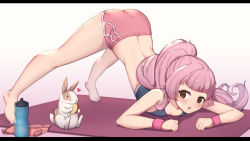 Rule 34 | 1girl, animal, apple, apple slice, bare legs, bare shoulders, barefoot, blunt bangs, blush, bottle, breasts, brown eyes, commentary request, commission, food, fruit, full body, jack-o&#039; challenge, letterboxed, long hair, open mouth, original, pink hair, pink shorts, ponytail, rabbit, short shorts, shorts, small breasts, solo, sweatband, top-down bottom-up, towel, uneg, very long hair, water bottle, wristband