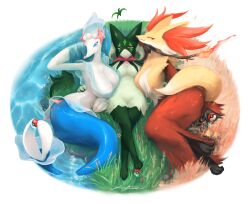 Rule 34 | 3girls, acrylictoon, breasts, covered erect nipples, creatures (company), delphox, fins, fire, furry, furry female, game freak, gen 6 pokemon, gen 7 pokemon, grass, green fur, highres, large breasts, lying, meowscarada, multiple girls, nintendo, on back, on side, poke ball, poke ball (basic), pokemon, pokemon (creature), primarina, smile, stick, tail, fish tail, take your pick, water, yellow fur