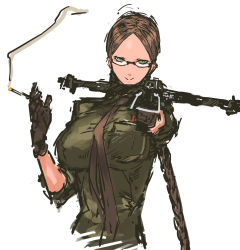Rule 34 | 1girl, aiming, aiming at viewer, bow (weapon), breasts, brown hair, cigarette, crossbow, female focus, glasses, glasses girl (nameo), green eyes, highres, large breasts, long hair, nameo (judgemasterkou), necktie, original, parted bangs, semi-rimless eyewear, smile, smoking, solo, twintails, under-rim eyewear, weapon