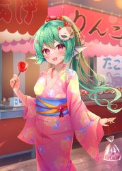 Rule 34 | 1girl, bag, bagged fish, blush, bow, candy apple, cat mask, earrings, festival, finana ryugu, fins, fish, fish girl, floral print, flower, food, green hair, hair ornament, hairclip, head fins, highres, japanese clothes, jewelry, kimono, mask, nijisanji, nijisanji en, obi, pink kimono, ponytail, print kimono, purple eyes, red bow, red flower, sash, solo, summer festival, ustn (usatan), virtual youtuber