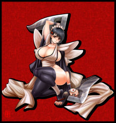 Rule 34 | 1girl, arm up, black border, black eyes, black hair, bokkori, border, breasts, cleavage, curvy, hair ornament, highres, huge breasts, iroha (samurai spirits), long toes, maid, on one knee, red background, samurai spirits, sandals, short hair, sideboob, snk, solo, sword, thick thighs, thighhighs, thighs, toeless legwear, toes, weapon