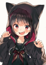 Rule 34 | 1girl, :d, animal ears, animal hood, black hair, black jacket, black sailor collar, black shirt, blush, brown neckerchief, cat ears, cat hood, claw pose, commentary request, drawstring, fang, fingernails, grey background, hands up, hood, hood up, hooded jacket, jacket, long hair, long sleeves, looking at viewer, midorikawa you, neckerchief, open clothes, open jacket, open mouth, original, red eyes, sailor collar, school uniform, serafuku, shirt, simple background, sleeves past wrists, smile, solo, upper body