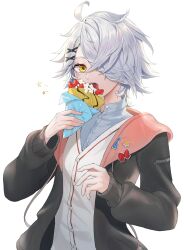 Rule 34 | 1other, absurdres, androgynous, black jacket, eating, food, forever 7th capital, fruit, grey shirt, hair over one eye, highres, holding, holding food, ice cream crepe, jacket, long sleeves, looking at viewer, lumeru 33, one eye covered, open mouth, shirt, simple background, solo, strawberry, vest, white background, white hair, white vest, yellow eyes