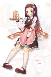 Rule 34 | 1girl, apron, between legs, black skirt, black vest, blush, breasts, brown footwear, brown hair, collared shirt, commentary request, dango, diagonal stripes, food, food in mouth, forehead, frilled apron, frilled skirt, frills, full body, gradient hair, gyozanuko, hair ribbon, hand between legs, highres, holding, holding tray, kamado nezuko, kimetsu no yaiba, kneehighs, long hair, long sleeves, maid headdress, maryu, mouth hold, multicolored hair, pancake, pancake stack, parted bangs, pink apron, pink ribbon, red eyes, ribbon, sanshoku dango, shirt, skirt, small breasts, socks, solo, striped, striped background, tray, very long hair, vest, wagashi, waist apron, white shirt, white socks, zoom layer