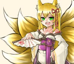 Rule 34 | 1girl, animal ears, bare shoulders, blonde hair, hand fan, female focus, foreshortening, green eyes, hair ornament, hand on own hip, hashimoto (soukidann2010), japanese clothes, long hair, mon-musu quest!, monster girl, multiple tails, open mouth, solo, tail, tamamo (mon-musu quest!), tattoo