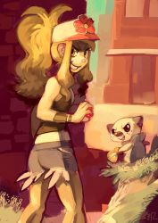 Rule 34 | 1girl, baseball cap, black eyes, black shirt, breasts, commentary, creature, creatures (company), denim, denim shorts, english commentary, evil smile, feet out of frame, flower, game freak, gen 5 pokemon, glitchedpuppet, grass, grin, hat, hat flower, hilda (pokemon), holding, holding poke ball, holding shell, light brown hair, long hair, looking at viewer, nintendo, oshawott, poke ball, poke ball (basic), pokemon, pokemon (creature), pokemon bw, seashell, shell, shirt, short shorts, shorts, sidelocks, signature, sleeveless, sleeveless shirt, small breasts, smile, standing