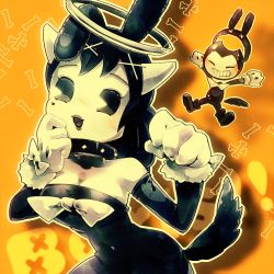 Rule 34 | 1boy, 1girl, alice (bendy and the ink machine), animal ears, bendy, bendy and the ink machine, black hair, breasts, cleavage, detached sleeves, gloves, halo, hip focus, horns, long hair, tail