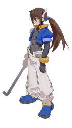 Rule 34 | 1boy, alternate hairstyle, blue footwear, blue jacket, brown hair, cropped jacket, full body, green eyes, highres, holding lead pipe, industrial pipe, jacket, lead pipe, linea alba, long hair, mayutsuba mono, mega man (series), mega man zx, mega man zx advent, open clothes, open jacket, pants, ponytail, robot ears, simple background, solo, vent (mega man), white background, white pants