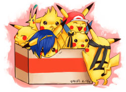 Rule 34 | bad id, bad pixiv id, blonde hair, blue hair, box, brown eyes, cardboard box, clothed pokemon, cosplay, creatures (company), fire emblem, fire emblem: mystery of the emblem, game freak, gen 1 pokemon, gen 4 pokemon, hairy pikachu, hat, headband, in container, lucario, lucas (mother 3), marth (fire emblem), md5 mismatch, metal gear (series), metal gear solid, mother (game), mother 3, nintendo, no humans, parody, piakchu, pikachu, pikmin (creature), pikmin (series), pokemon, pokemon (creature), pokemon frlg, red (pokemon), red (pokemon frlg), smile, solid snake, super smash bros., tears, tiara, too many, too many pikachu, waka charoku