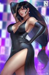 Rule 34 | absurdres, armpits, bare shoulders, black dress, black gloves, black hair, blush, breasts, cleavage, dress, earrings, elbow gloves, final fantasy, final fantasy vii, final fantasy vii remake, gloves, gown, highres, jewelry, large breasts, long hair, looking at viewer, low ponytail, nopeys, one eye closed, red eyes, side slit, thighs, tifa lockhart