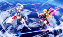 Rule 34 | 2girls, bare shoulders, blonde hair, blue eyes, breasts, cleavage, closed mouth, cloud, covered navel, elbow gloves, fingerless gloves, gloves, hammer and sickle, leotard, long hair, looking at another, luo qingyu, mecha musume, medium breasts, multiple girls, original, red eyes, sword, thighhighs, weapon, white hair