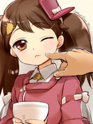Rule 34 | 10s, 1girl, bowl, brown eyes, brown hair, cheek poking, eyebrows, food, food on face, hair ornament, hairclip, holding, holding bowl, kantai collection, looking at viewer, magatama, one eye closed, out of frame, parted lips, pointing, poking, primary stage, ribbon, ribbon trim, rice, ryuujou (kancolle), simple background, solo focus, twintails, twitter username, visor cap, white ribbon