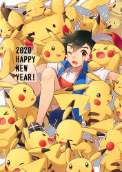 Rule 34 | &gt; &lt;, 1boy, 2020, ?, ash ketchum, black hair, brown eyes, creatures (company), ditto, full body, game freak, gen 1 pokemon, gen 7 pokemon, happy new year, highres, looking at another, looking at viewer, mimikyu, new year, nintendo, ochi (lokun), one eye closed, pikachu, pokemon, pokemon (anime), pokemon (creature), pokemon move, pokemon journeys, sleeping, too many, too many pikachu, transform (pokemon), transformed ditto