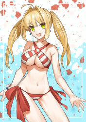 Rule 34 | 1girl, :d, absurdres, ahoge, bad id, bad pixiv id, bikini, blonde hair, blue background, bow, bracelet, breasts, cleavage, cowboy shot, criss-cross halter, earrings, fate/grand order, fate (series), floating hair, green eyes, hair intakes, halterneck, highres, jewelry, large breasts, long hair, looking at viewer, nero claudius (fate), nero claudius (fate) (all), nero claudius (swimsuit caster) (fate), none (kameko227), open mouth, red bikini, red bow, side-tie bikini bottom, smile, solo, standing, striped bikini, striped clothes, swimsuit, twintails, white background