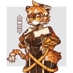 Rule 34 | 1girl, 2022, animal ears, animal print, arknights, black thighhighs, body fur, border, breasts, chinese zodiac, closed mouth, commentary, cowboy shot, english commentary, furry, furry female, glasses, grey background, highres, looking at viewer, orange eyes, orange hair, pelvic curtain, round eyewear, short hair, smile, solo, tail, thighhighs, tiger ears, tiger girl, tiger print, tiger tail, tofffffu, waai fu (arknights), white border, year of the tiger