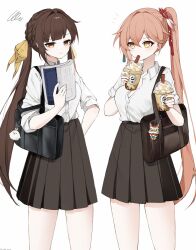 Rule 34 | 2girls, bag, black skirt, blush, book, bow, braid, breasts, brown hair, bubble tea, closed mouth, collared shirt, commentary, cowboy shot, drink, flat color, frown, guinaifen (honkai: star rail), hair bow, hair intakes, hair ornament, hand on own hip, high-waist skirt, high ponytail, highres, holding, holding book, holding drink, honkai: star rail, honkai (series), legs apart, long bangs, long sleeves, low twintails, medium breasts, multiple girls, nirako mona, notice lines, orange eyes, orange hair, partially unbuttoned, pleated skirt, reading, red tassel, school bag, shirt, shirt tucked in, sidelocks, simple background, skirt, sleeves rolled up, squiggle, sushang (honkai: star rail), tassel, tassel hair ornament, thighs, twintails, white background, white shirt, yellow bow, yellow eyes