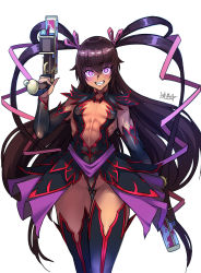 Rule 34 | 1girl, action taimanin, blue eyes, boots, breasts, brown hair, center opening, cleavage cutout, clothing cutout, commentary request, covered erect nipples, covered navel, cowboy shot, curvy, detached sleeves, dual wielding, glowing, glowing eyes, gun, heart, highres, holding, holding gun, holding weapon, impossible clothes, impossible leotard, leotard, long hair, looking at viewer, mizuki yukikaze, official alternate costume, ryuusei (mark ii), signature, skirt, small breasts, solo, taimanin (series), taimanin suit, taimanin yukikaze, tan, teeth, thigh boots, twintails, veins, very long hair, weapon, white background, wide hips