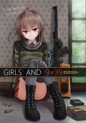 Rule 34 | 1girl, 9x39mm, ahoge, ammunition, armor-piercing ammunition, black footwear, black gloves, boots, brown hair, bullet, bullet casing, carbine, carbine cartridge, closed mouth, collared shirt, convenient leg, cross-laced footwear, day, gloves, green jacket, grey thighhighs, gun, hair between eyes, head tilt, highres, holding, holding gun, holding weapon, indoors, integral suppressor, integrally-suppressed firearm, jacket, lace-up boots, long sleeves, looking at viewer, magazine (weapon), military cartridge, neck ribbon, on floor, original, pdw cartridge, pleated skirt, red eyes, red ribbon, red skirt, ribbon, rifle, rifle cartridge, russian text, school uniform, shirt, sitting, skirt, sniper rifle, solo, subsonic ammunition, suppressor, thighhighs, toz (tulsky oruzheiny zavod), translated, tsniitochmash, tula arms plant, vss vintorez, weapon, white shirt, window, yakob labo