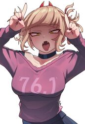 Rule 34 | 1girl, absurdres, alternate costume, bags under eyes, black choker, black nails, blonde hair, boku no hero academia, breasts, chainsaw man, choker, cosplay, demon horns, double bun, fangs, hair bun, highres, horns, horns pose, index fingers raised, large breasts, messy hair, narrowed eyes, open mouth, power (chainsaw man), power (chainsaw man) (cosplay), purple sweater, red horns, slit pupils, solo, sweater, toga himiko, tongue, tongue out, unusualpie, white background, yellow eyes