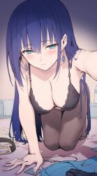 Rule 34 | 1girl, a-1 pictures, black bra, blue eyes, blue hair, blush, bra, breasts, cleavage, engage kiss, haoni, highres, large breasts, lingerie, long hair, looking at viewer, navel, solo, thighhighs, underwear, yuugiri ayano