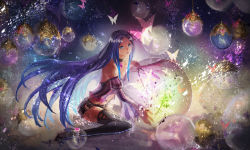 Rule 34 | 1girl, bare shoulders, black thighhighs, blouse, blue eyes, blue hair, breasts, bug, butterfly, choker, cleavage, closed mouth, dark-skinned female, dark skin, detached sleeves, female focus, full body, glowing, gradient hair, hair ornament, high heels, insect, long hair, matching hair/eyes, merli (vocaloid), multicolored hair, petite, shirt, short shorts, shorts, sitting, solo, striped clothes, striped shirt, thighhighs, very long hair, vocaloid, yamaha, yamakawa umi