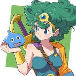 Rule 34 | 1girl, bare shoulders, blue eyes, dragon quest, dragon quest iv, green hair, heroine (dq4), short hair, slime (dragon quest), smile, solo, sword, weapon, yazwo