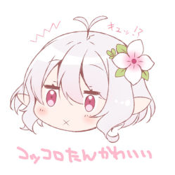 Rule 34 | 1girl, :x, ^^^, antenna hair, blush, closed mouth, flower, hair between eyes, hair flower, hair ornament, head, ko yu, kokkoro (princess connect!), pointy ears, princess connect!, red eyes, silver hair, simple background, solo, translation request, white background, white flower