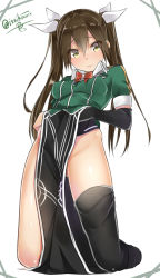 Rule 34 | 10s, 1girl, ass, black gloves, black thighhighs, blush, bow, bowtie, breasts, brown hair, covered erect nipples, gloves, groin, hand under clothes, isshiki (ffmania7), kantai collection, kneeling, looking at viewer, no panties, pelvic curtain, single glove, single thighhigh, small breasts, solo, thighhighs, tone (kancolle), tone kai ni (kancolle), twintails, twitter username, yellow eyes