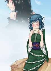 Rule 34 | 2girls, aoshima, bare shoulders, black hair, blue hair, blush, bow, closed eyes, dress, faceless, fins, frilled dress, frills, from behind, green dress, head fins, highres, imaizumi kagerou, japanese clothes, kimono, letter, long hair, mermaid, monster girl, multiple girls, obi, rock, sash, short hair, smile, solo focus, touhou, wakasagihime, wide sleeves