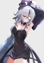 Rule 34 | 1girl, arm up, armpits, azur lane, bearn (azur lane), bearn (meta) (azur lane), black dress, black hair, black hat, breasts, cleavage, closed mouth, detached sleeves, dress, grey background, grey eyes, grey hair, hat, highres, light blush, medium breasts, monocle, multicolored hair, riku amano1018, short dress, simple background, smile, solo, streaked hair, tilted headwear, top hat
