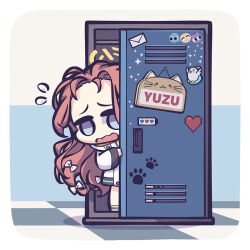 Rule 34 | 1girl, blue archive, blue eyes, bow, character name, chibi, flying sweatdrops, forehead, hair bow, halo, in locker, letter, locker, long hair, long sleeves, multiple hair bows, open mouth, paw print, peroro (blue archive), power symbol, red hair, sign, solo, spk kei, sticker, wavy mouth, white bow, wide sleeves, yellow halo, yuzu (blue archive)