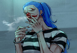 Rule 34 | 1boy, absurdres, blue hair, buggy the clown, cigarette, clown nose, commentary, cuffs, e8e8ea, english commentary, facepaint, facial hair, handcuffs, highres, long hair, low ponytail, male focus, official alternate costume, one piece, ponytail, prison clothes, red nose, smoke, smoking, solo