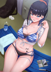 Rule 34 | 1girl, alternate hairstyle, arm support, bare legs, belly, bikini, black hair, blue bikini, blue eyes, blush, breasts, cleavage, collarbone, collared shirt, commentary request, dearonnus, from above, front-tie top, gridman universe, highleg, highleg bikini, large breasts, layered bikini, long hair, midriff, navel, parted lips, ponytail, pregnant, revision, shirt, side-tie bikini bottom, sideboob, sitting, sleeves rolled up, ssss.gridman, stomach, strap pull, swimsuit, takarada rikka, thigh gap, thighs, tied shirt, translated, white shirt, wide hips